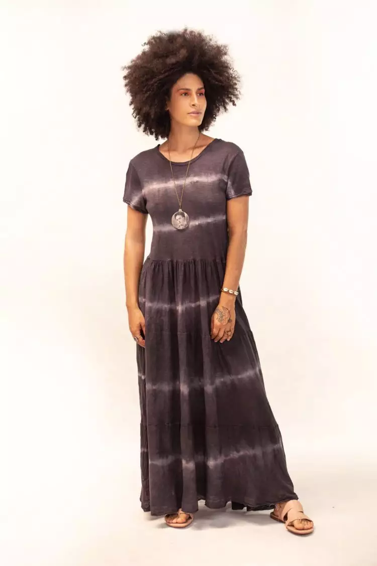 Vestido de malha longo listrado shibori